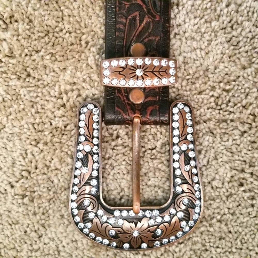 Rhinestone and studded genuine leather belt